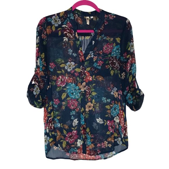 NEW Kut From The Kloth Sinclair Navy Blue Sheer Floral Blouse Size Small - Picture 5 of 12